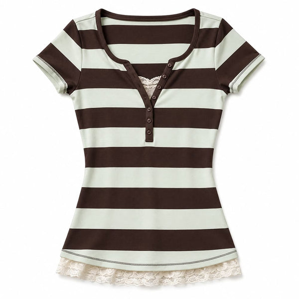 2000s Brown & Blue Striped Henley Top